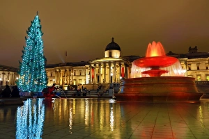 Illuminated fountains in Trafalgar Square, London