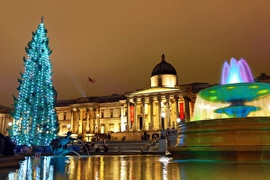 Illuminated fountains in Trafalgar Square, London