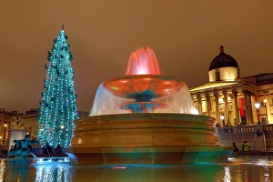 Illuminated fountains in Trafalgar Square, London