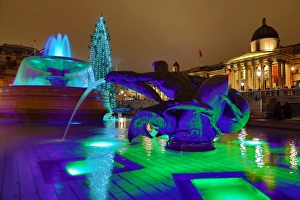 Illuminated fountains in Trafalgar Square, London