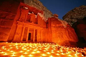 Petra, Jordan Collection: View of the Treasury, Al-Khazneh, at night with candles, Petra, Jordan