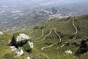 Sicily Collection: Winding mountain road leading up to Erice, Sicily, Italy