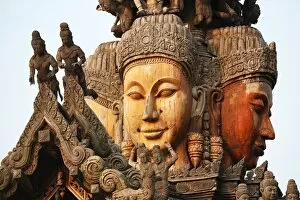 Images Dated 3rd December 2012: Wooden carvings on the Sanctuary of Truth Temple, Prasat Sut Ja-Tum, Pattaya, Thailand showing faces